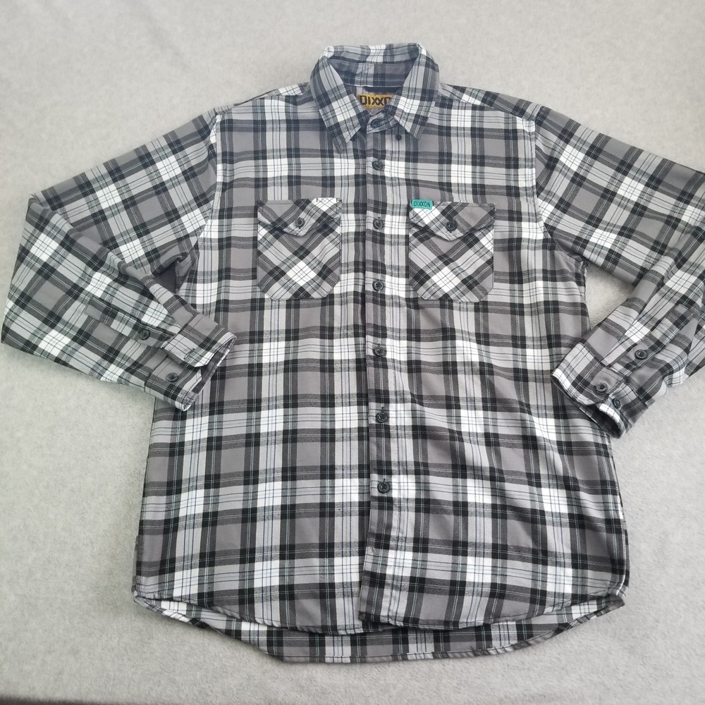Dixxon Flannel Shirt Mens Large Grey Black White Manhattan Plaid Button Up Biker